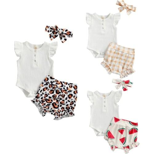 2020-12-18 Lioraitiin 0-18M Babys Clothing Set Infant Baby Girl Ribbed Romper and Print Shorts and Headwear Three-piece Suit