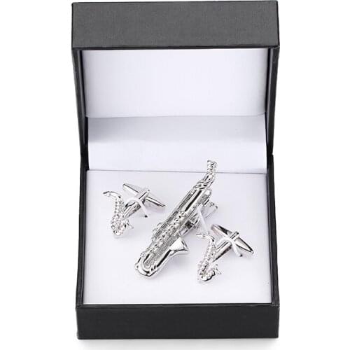 DY New music equipment Sax silvery tie clip Cufflinks box set men French shirt Cufflinks tie clip black box set free shipping