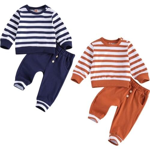 Baby Boy Strip Suit Long Sleeve Round Neck Elastic Head Long Pants with Pockets for Autumn Early Winter 2Colors