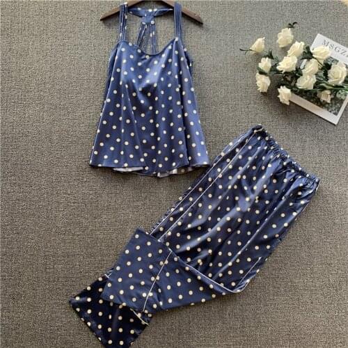 Summer pajama female feeling backless halter top trousers fashionable pajama suit wave dot printing silk soft homewear пижам