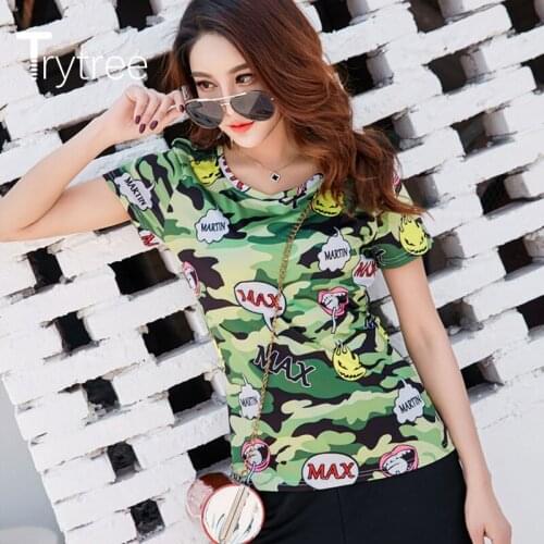 Trytree 2020 Summer Woman Casual T-shirt O-neck Personality Camouflage Letter T-shirt All-Purpose Style Fashion Loose T-shirt