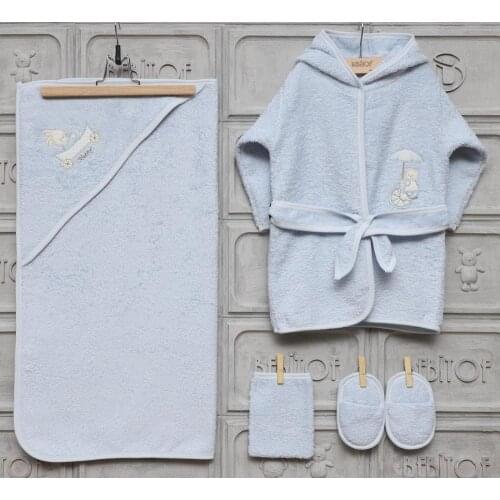Bebitof Newborn Baby Boys Toddler 100% Cotton Terry Bathrobe & Hooded Towel Set Bathtime Gift Bundle 5 Piece Blue 0 – 24 Month