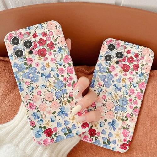 Retro Cute Floral Phone Case for iPhone 11 12Pro Max X XS Max XR 7 8 Plus 12Mini Soft Leather Matte Flower Shockproof Back Cover
