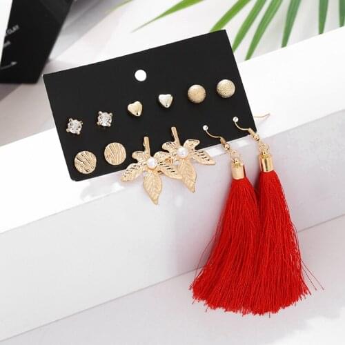 Trendy ethnic long hanging tassel earrings fashion golden leaf heart rhinestone crystal stud earrings set for women 2019 Brincos