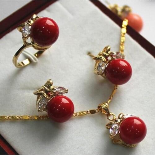 Fashion style gold plated metal with red zircon + 10 mm Shell Pearl Earrings + pendant and ring set