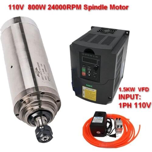 110v 800w 65mm ER11 Spindle Motor + 1.5kw inverter VFD+75W water pump kits 24000rpm For CNC Engraving