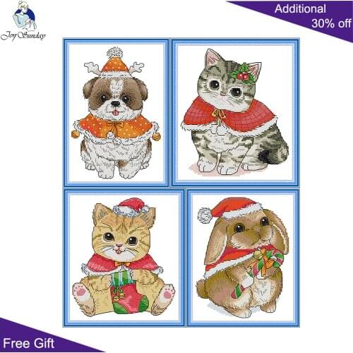 Joy Sunday Dog Cat Kitten Bunny With A Cloak DA541 DA542 DA543 DA544 Home Decor Christmas Animal Embroidery Cross Stitch kits