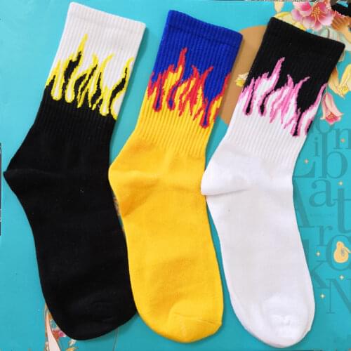 Men Fashion Novelty Hip Hop Hit Color On Fire Crew Socks Red Flame Blaze Power Torch Hot Warmth Street Skateboard Cotton Socks