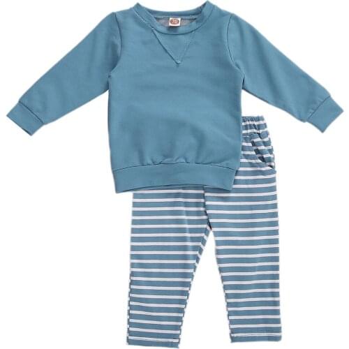 Newborn Baby Girls Boys Long Sleeve Pullover T-shirt Top Drawstring Trousers Striped Long Pants Autumn Spring Kids Set 0-24M