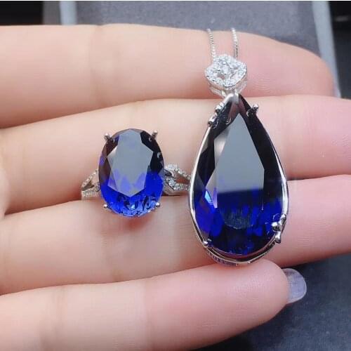 The Best engagement Gift Sapphire jewelry set Natural Real Sapphire 925 sterling silver 1pc pendant,1pc ring