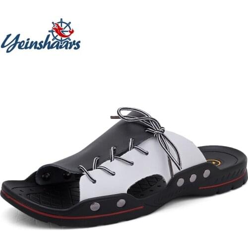 YEINSHAARS Casual Men Sandals Summer Mens Slippers Rivet British Man Beach Sandals Genuine Leather Lazy Pedal Flip Flop EU38-48