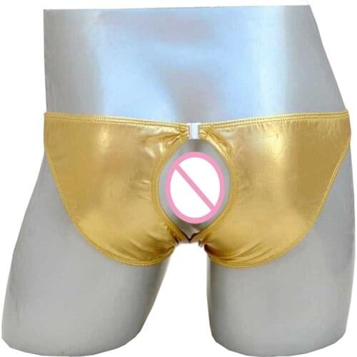 Sexy mens briefs underwear Male PU leather buttocks panties briefs Gold Silver