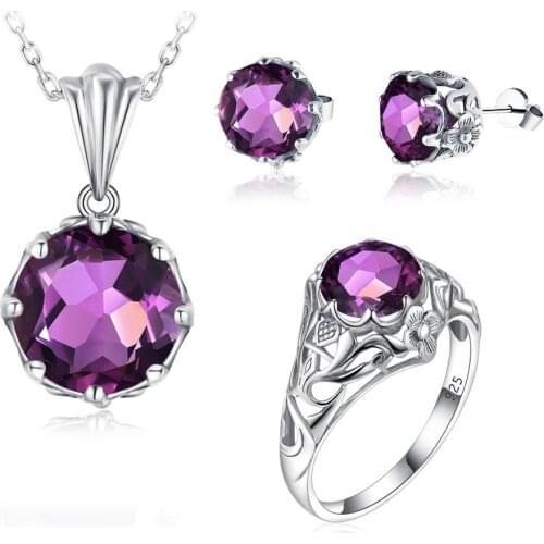 Szjinao 925 Silver Jewelry Set For Women Real 925 Sterling Silver Flower Purple Shiny Pendant Earrings Ring Sets Fine Jewellery