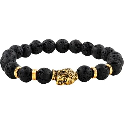 SUNYIK Black Lava Rock Stone Bracelet,Alloy Buddha Prayer Beaded Bangle 8mm