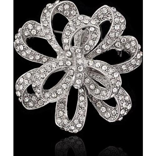 Clear Crystals Pretty Big Flower Bowknot Shaped Alloy Brooch Party Women Banquet Dress Pins Vintage Fashion Gift Jewelry
