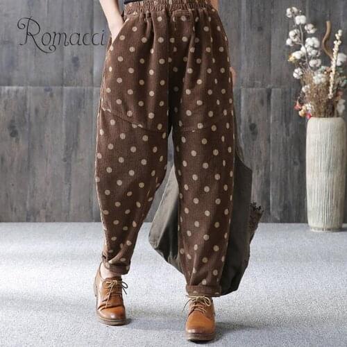 Women Pants Fashion Harem Pants Corduroy Polka Dot Print Elastic Waist Pocket Wide Baggy Legs Loose Casual Tapered Trouser Pants