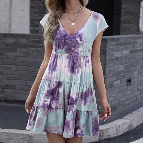 2021 Fashion Beach Blue Tie-Dye Ruffles Summer DressesCasual V-Neck Dresses For Women Holiday Party Sundress Vestidos