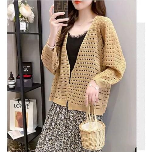 Women Summer Knitted Hollow Out Cardigans Thin Long Sleeve Thin Female Open Stitch V-neck Sun-Protection Cardigan