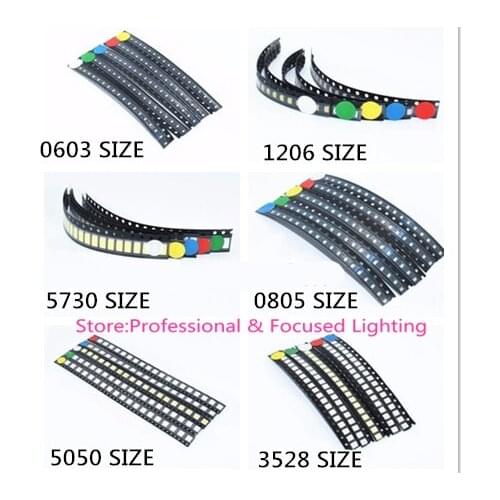 100pcs=5colors x 20pcs 0402 5050 5730 1206 0805 0603 2835 LED Diode Assortment SMD LED Diode Kit Green/ RED/White/Blue / Yellow