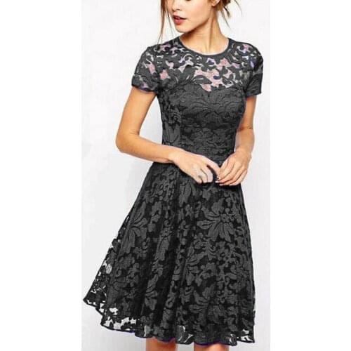 2018 Explosion-proof lace kneeling big dress dress round neck short sleeve hollow stitching high waist knee knee dress G44