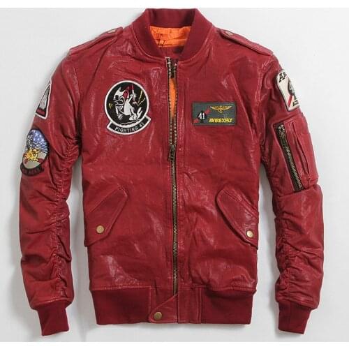 2020 Red Men Genuine Pilot Jacket Plus Size XXXXXXL Slim Fit Sheepskin Short Military Flight Leather Coat FREE SHIPPING
