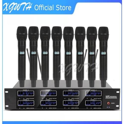 UHF True Diversity Digital Adjustable Frequency 8 Wireless Microphone System Handheld Headset Lavalier Gooseneck Cordless Mic
