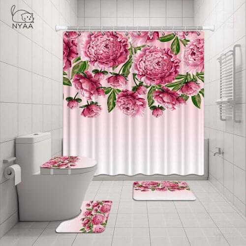Big Flower Shower Curtain Mat Set with Carpet Bath Screen for Home Hotel Bathtub Partition Mold Proof Durable Curtains Hooks