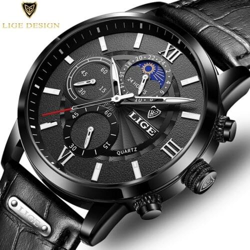 2021 LIGE Men Watches Brand Luxury Black Leather Waterproof Sport Quartz Chronograph Military Watch Men Clock Relogio Masculino