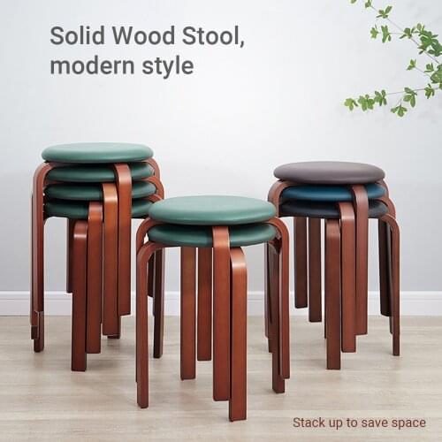 Wooden Stool Solid Wood KD Stool Stackable Leather Cushion Padded Round Stool Backless Chair for Home / Restaurant / Cafe / Bar