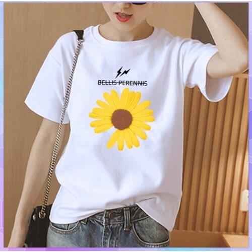 Feather Print Women Casual Oversized T-shirt White Short-sleeved T-shirts Summer 2021 Korean Loose Top Floral Tee Shirt Femme
