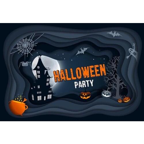 Halloween Theme Photography Background Gray Wave With Pumpkin Spider And Ghost Magic Castle With White Moonlight Backdrop