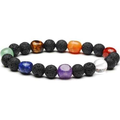 Rock Mineral Natural Lava Stone 7 Chakra Bracelet Mixed Gems Stone Real Amethysts Quartz Strecth Strands Bracelets Women Male