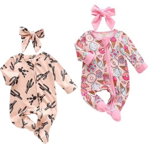 Baby Girls Jumpsuit, Newborn Long Sleeve Round Collar Zipper Open Front One-piece and Headdress, Pink/ Apricot, 0-18 Months