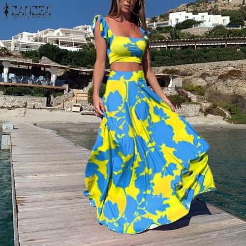 ZANZEA Bohemian Women 2-piece Sets 2021 Summer Ruffle Sleeve Tops Casual Print Loose Maxi Skirts Ladies Holiday Wears