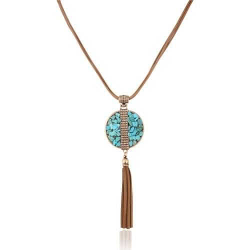Lureme Womens Vintage Jewelry Round with Green Stone Pendant Multi Layers Leather Chain Necklace (nl004214)