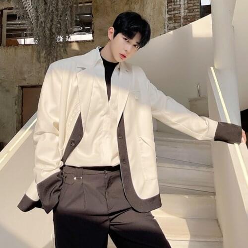 Cool Mens Loose Blazers Jacket Single Breasted Black White Mixed Color Long Sleeve Coat K2