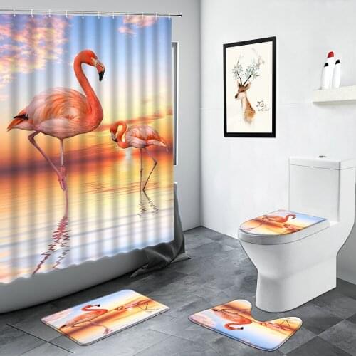 Tropical Animals Flamingo Bathroom Decor Set Dusk Ocean Birds Plant Pattern Shower Curtains Non-slip Mat Bath Mats Toilet Carpet