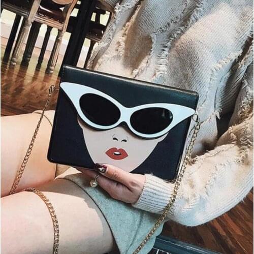Single shoulder slung small square bag PU fashion contrast color 3D three-dimensional beauty glasses pattern chain shoulder bag