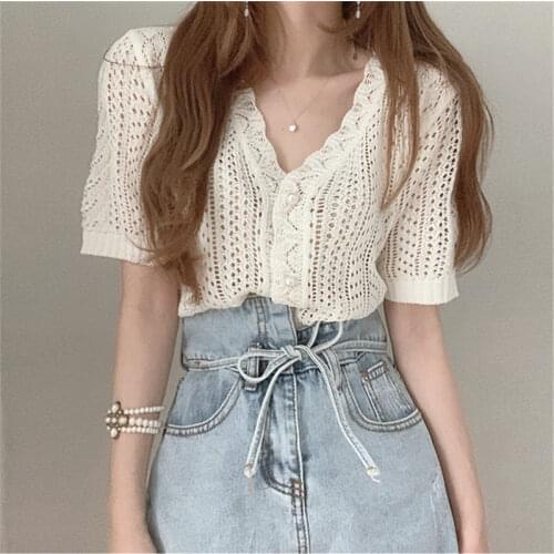 Gentle Vintage V-Neck Hollow Out Sexy Short Sleeves 2021 Summer Stylish Women Chic Retro All Match Women Loose Knitted Sweaters