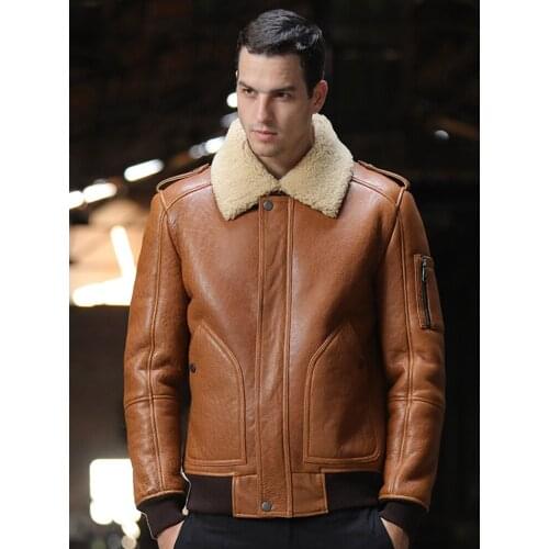 2019 New Mens Yellow Shearling Jacket B3 Flight Jacket Sheepskin Coat Short Mens Fur Coat Leather Jacket