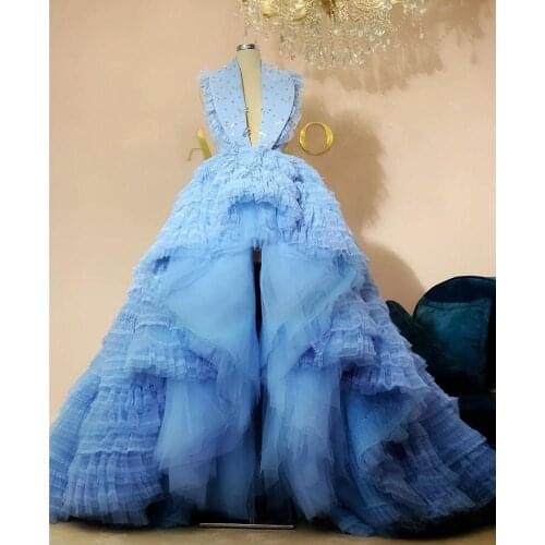 Real Image Sky Blue Puffy High Low Tulle Party Dresses 2020 Ruffles Tiered Long Prom Gowns Vestido De Mujer