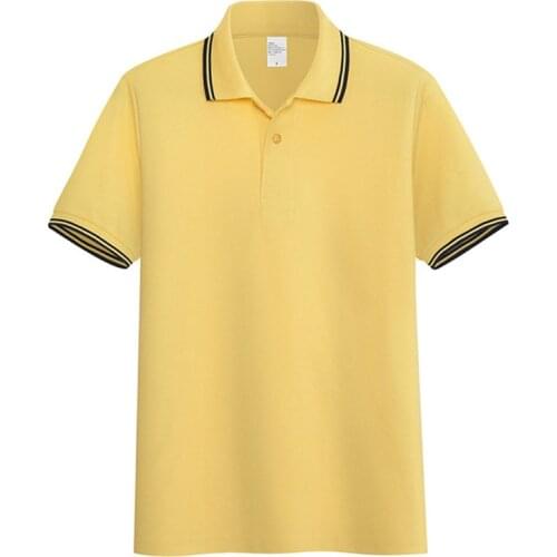 AOLIWEN men summer yellow 65% cotton two stripe polo shirt button solid color short sleeve casual business sports tight shirt