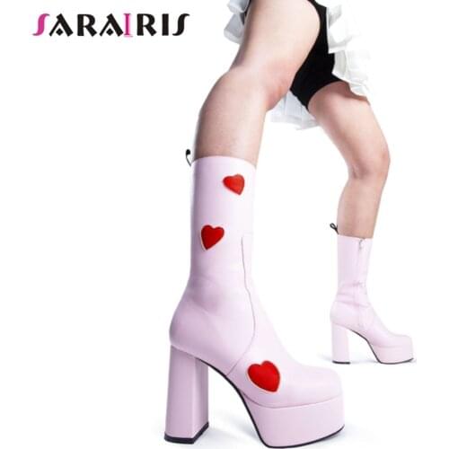 SaraIris INS Women Boots Solid Heart Zipper Round Toe High Heel Platform Mid Calf Boots New Brand Trendy Casual Women Shoes