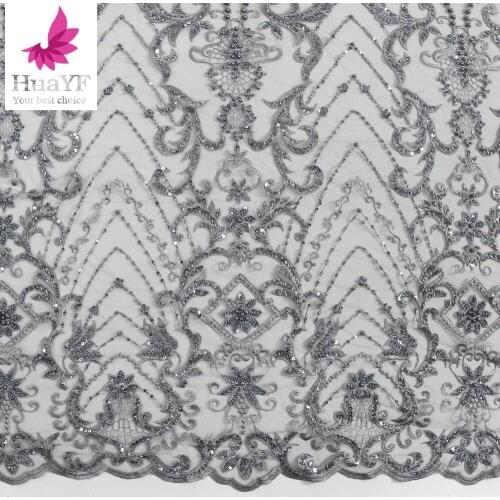 Grey French Lace Embroidery Mesh Fabrics With Sequins And Beads For Party Dress HY1267