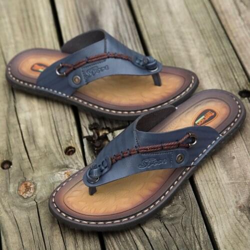 WEH handmade leather slippers Summer Fashion Men Flip Flops outdoor slippers Breathable Comfortable Men Flip-Flops Big Size 47