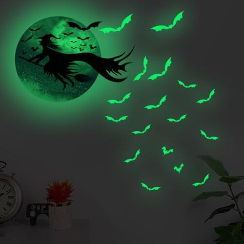Luminous Wall Sticker Halloween Decoration Witch Bat Living Room Bedroom Decor DIY Self-adhesive Glowing In The Dark Wallsticker