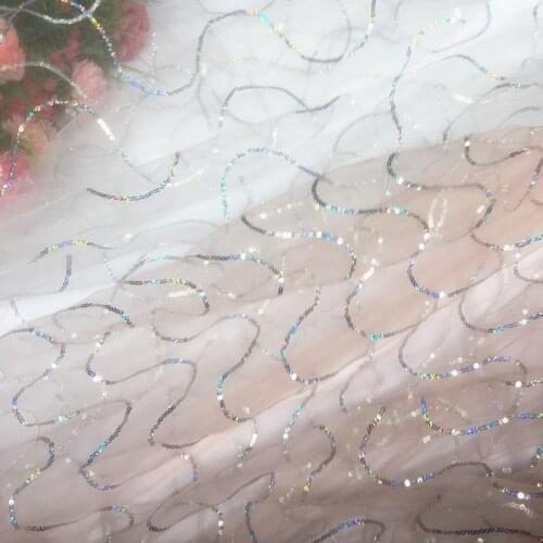 Wave Sequins Tulle Fabric, Pink/Off White Gauze Fabric, Soft Transparent Mesh Lace Fabric 59" Wide 1 Yard Long