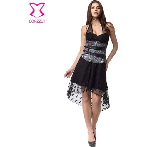 Victorian Black Cherry Pattern Lace Swallowtai Dress With Punk Rock Underbust Corset Sexy Steampunk Dress Gothic Clothing