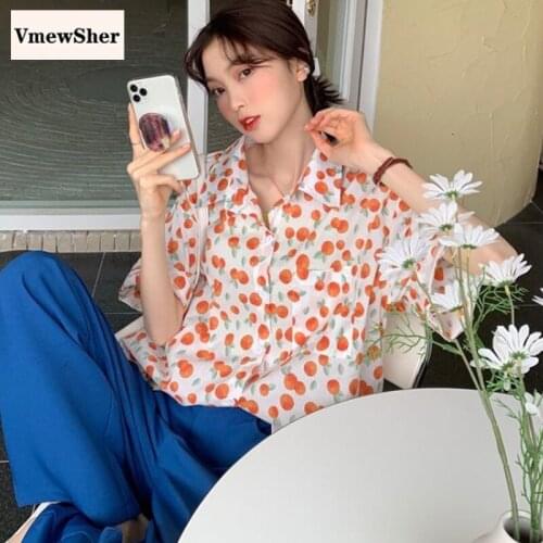 VmewSher New Chic Vintage Summer Short Sleeve Shirt Women Turndown Collar Loose Fruit Print Female Sweet Blouse Fashion Outwear