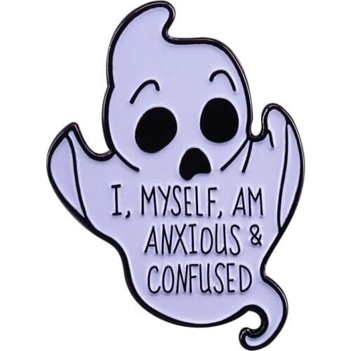 I myself am anxious & confused ghost pin cute worry skull brooch horror Goth Halloween jewelry